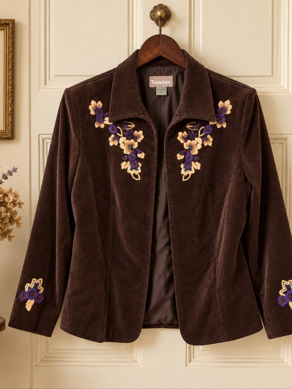 TanJay 12 Brown Embroidered Beaded Corduroy Blazer Boho PTP 21.5